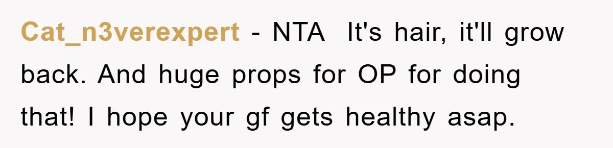Cat_n3verexpert − NTA ​ It's hair, it'll grow back. And huge props for OP for doing that! I hope your gf gets healthy asap.