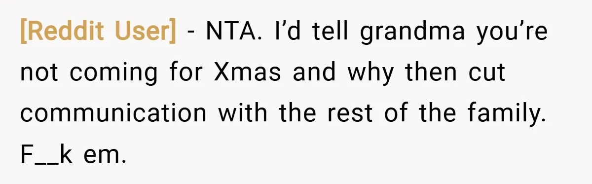 [Reddit User] − NTA. I’d tell grandma you’re not coming for Xmas and why then cut communication with the rest of the family. F__k em.
