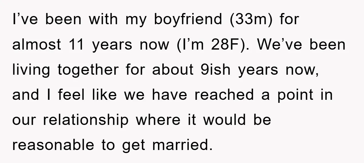 I’ve been with my boyfriend (33m) for almost 11 years now (I’m 28F). We’ve been living together for about 9ish years now, and I feel like we have reached a...