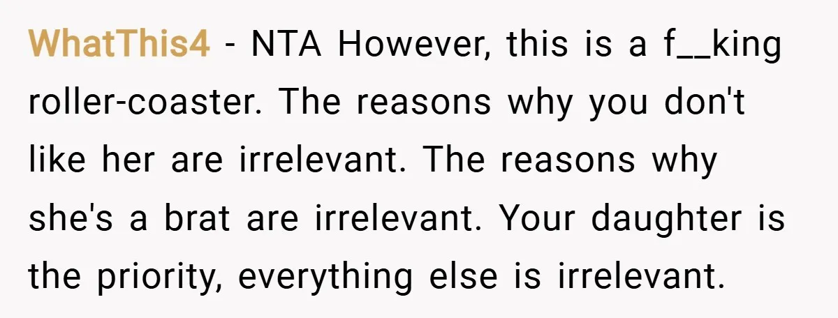 WhatThis4 − NTA However, this is a f__king roller-coaster. The reasons why you don't like her are irrelevant. The reasons why she's a brat are irrelevant. Your daughter is the...
