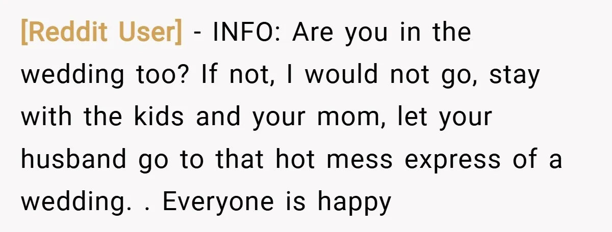 [Reddit User] − INFO: Are you in the wedding too? If not, I would not go, stay with the kids and your mom, let your husband go to that hot...