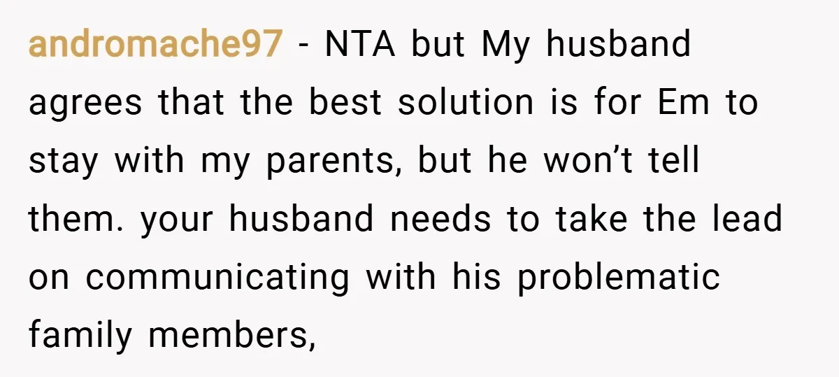 andromache97 − NTA but My husband agrees that the best solution is for Em to stay with my parents, but he won’t tell them. your husband needs to take the...