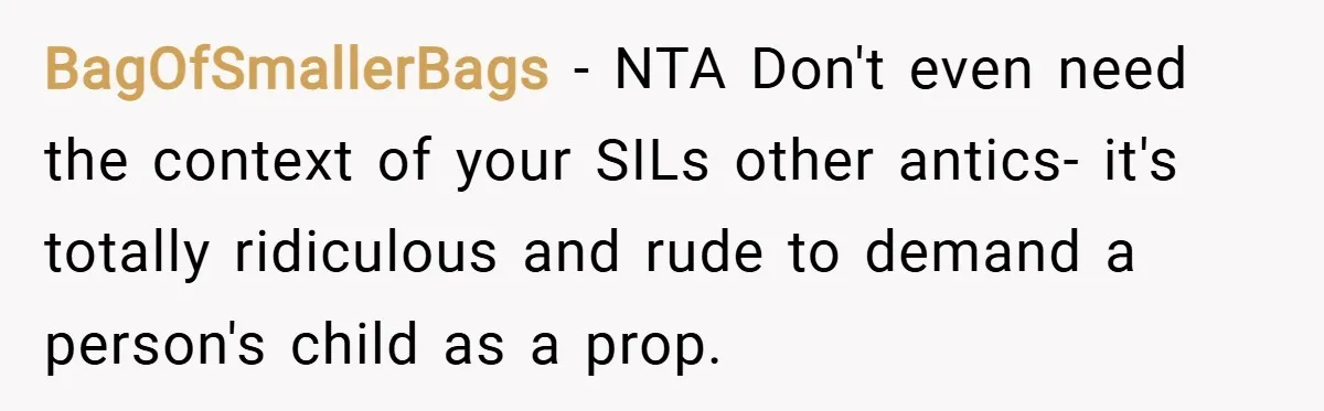 BagOfSmallerBags − NTA Don't even need the context of your SILs other antics- it's totally ridiculous and rude to demand a person's child as a prop.
