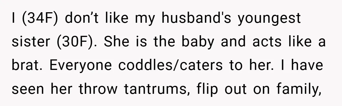 I (34F) don’t like my husband's youngest sister (30F). She is the baby and acts like a brat. Everyone coddles/caters to her. I have seen her throw tantrums, flip out...