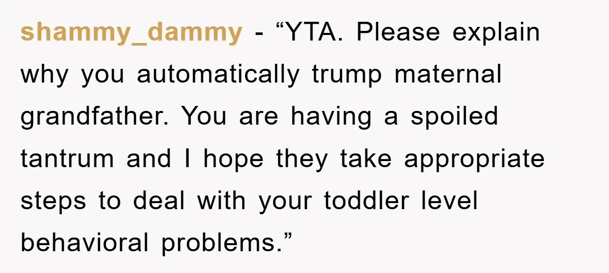 shammy_dammy - “YTA. Please explain why you automatically trump maternal grandfather. You are having a spoiled tantrum and I hope they take appropriate steps to deal with your toddler level...