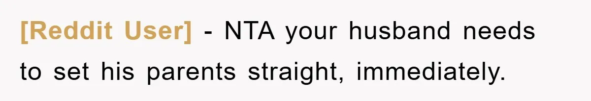 [Reddit User] − NTA your husband needs to set his parents straight, immediately.