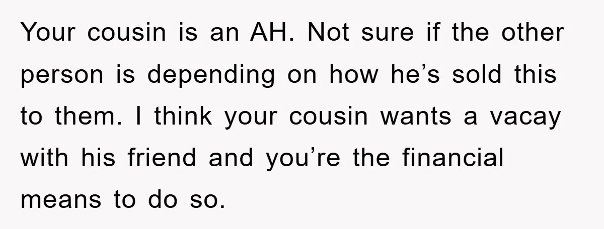 Your cousin is an AH. Not sure if the other person is depending on how he’s sold this to them. I think your cousin wants a vacay with his friend...
