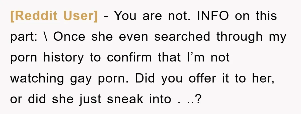 [Reddit User] − You are not. INFO on this part: \ Once she even searched through my porn history to confirm that I’m not watching gay porn. Did you offer...