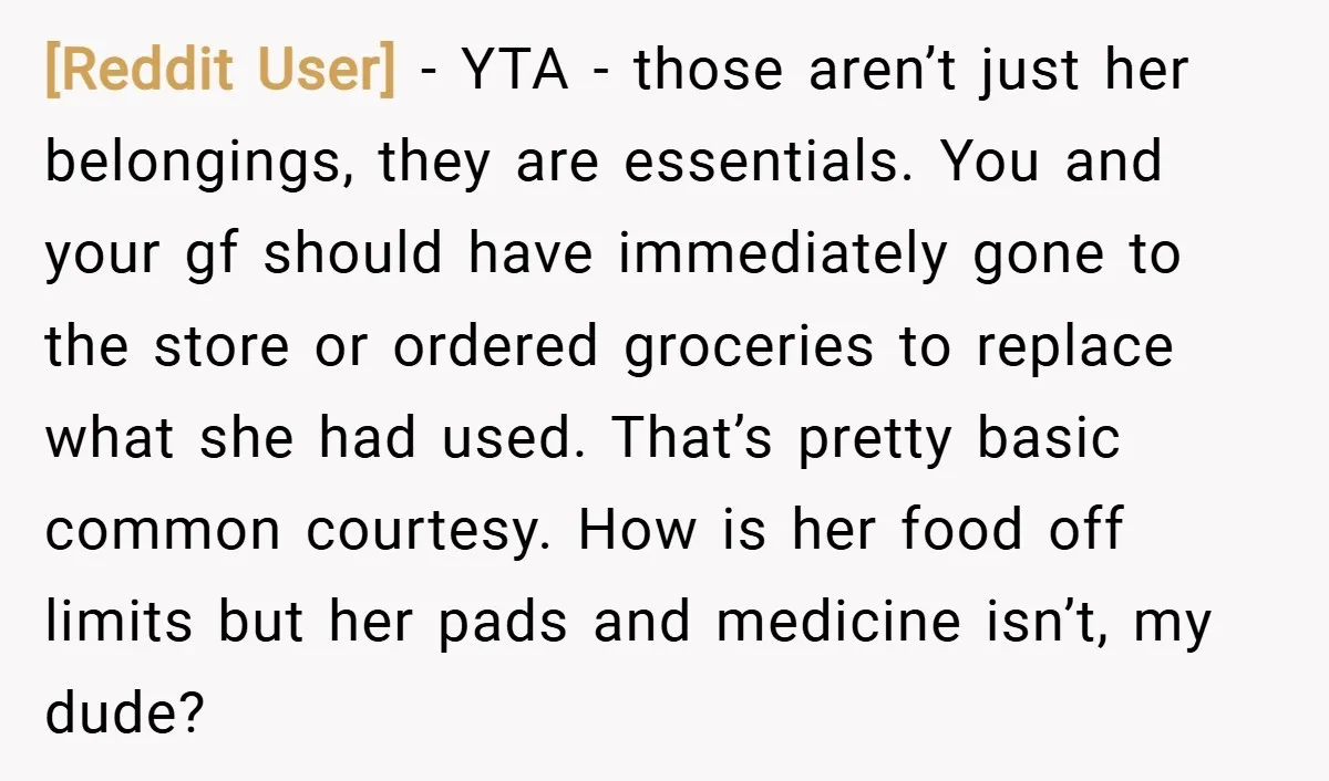 [Reddit User] − YTA - those aren’t just her belongings, they are essentials. You and your gf should have immediately gone to the store or ordered groceries to replace what...