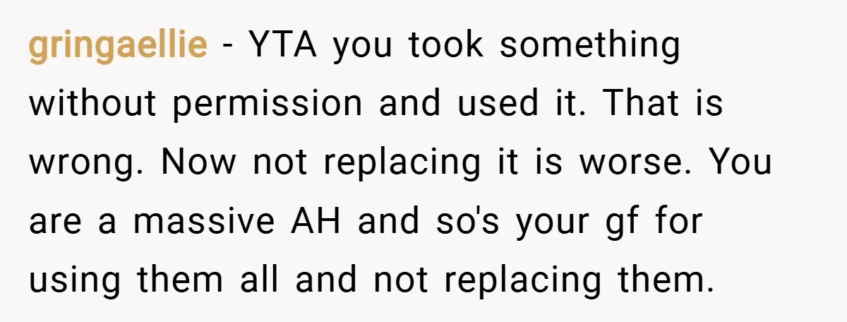 gringaellie − YTA you took something without permission and used it. That is wrong. Now not replacing it is worse. You are a massive AH and so's your gf for...