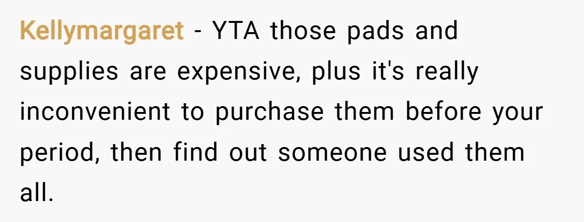 Kellymargaret − YTA those pads and supplies are expensive, plus it's really inconvenient to purchase them before your period, then find out someone used them all.