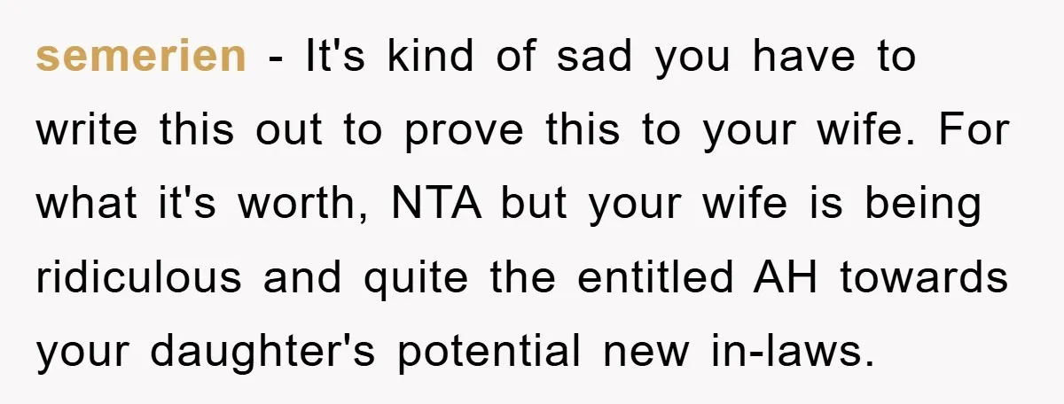 semerien − It's kind of sad you have to write this out to prove this to your wife. For what it's worth, NTA but your wife is being ridiculous and...