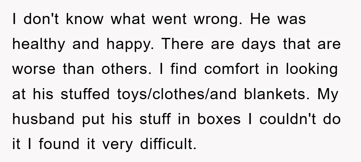 I don't know what went wrong. He was healthy and happy. There are days that are worse than others. I find comfort in looking at his stuffed toys/clothes/and blankets. My...