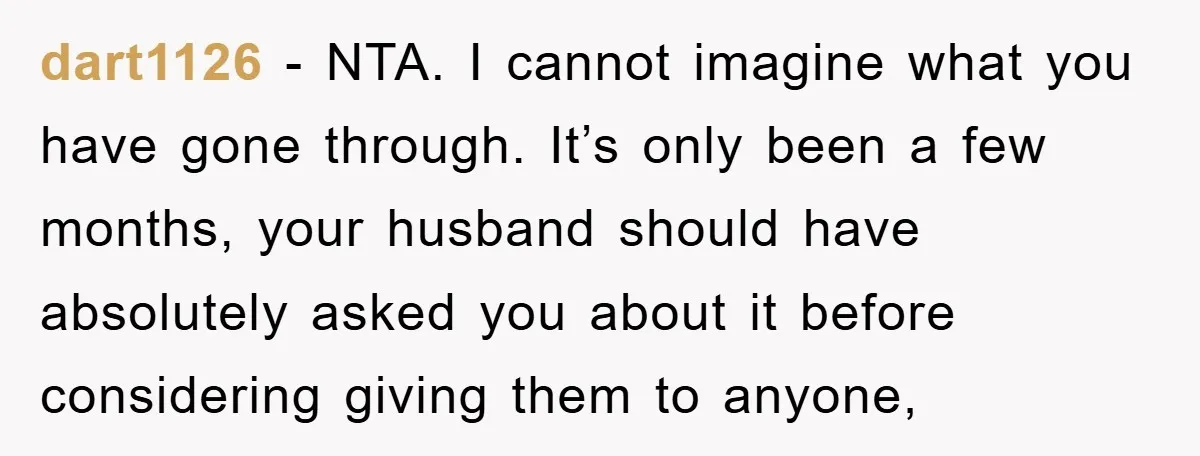 dart1126 − NTA. I cannot imagine what you have gone through. It’s only been a few months, your husband should have absolutely asked you about it before considering giving them...