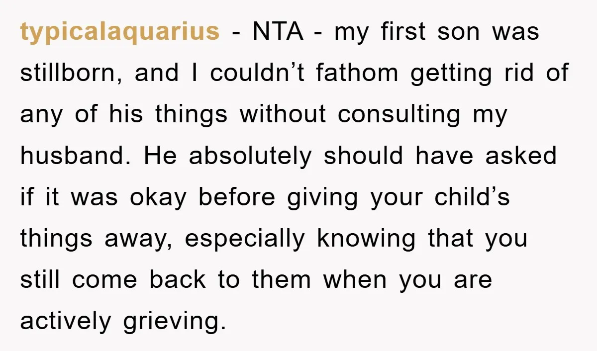 typicalaquarius − NTA - my first son was stillborn, and I couldn’t fathom getting rid of any of his things without consulting my husband. He absolutely should have asked if...