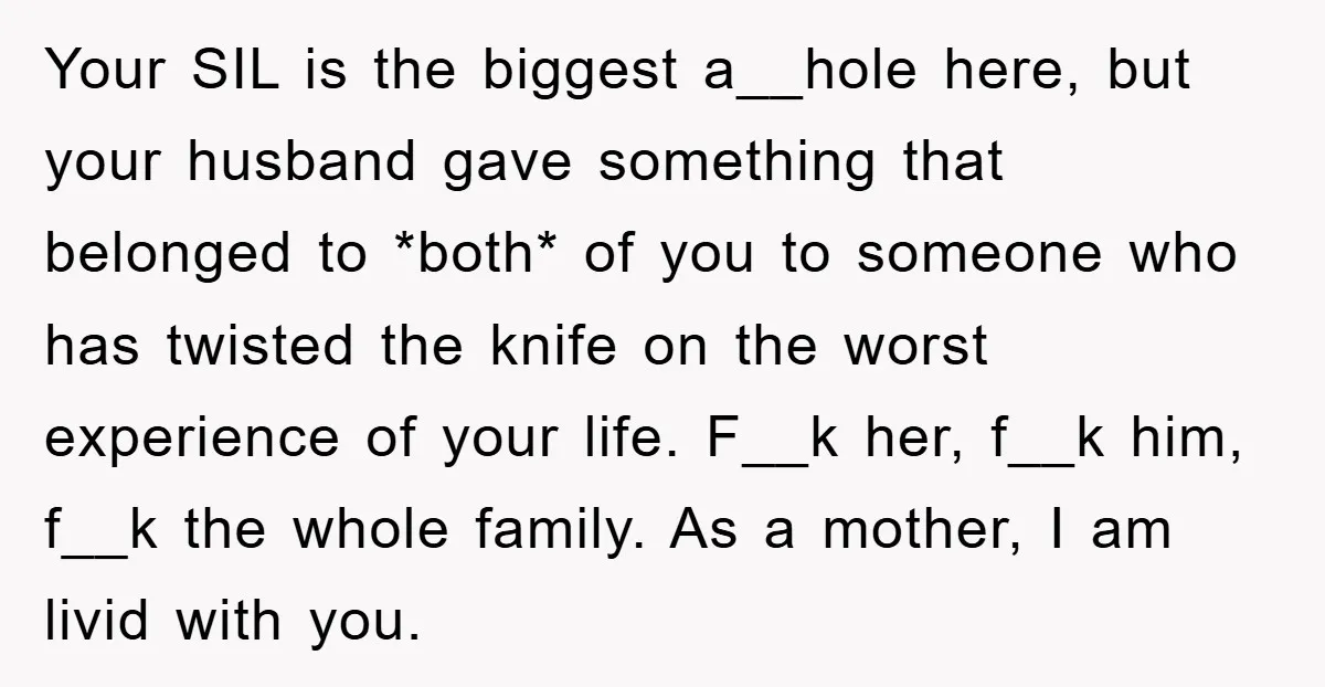 Your SIL is the biggest a__hole here, but your husband gave something that belonged to *both* of you to someone who has twisted the knife on the worst experience of...
