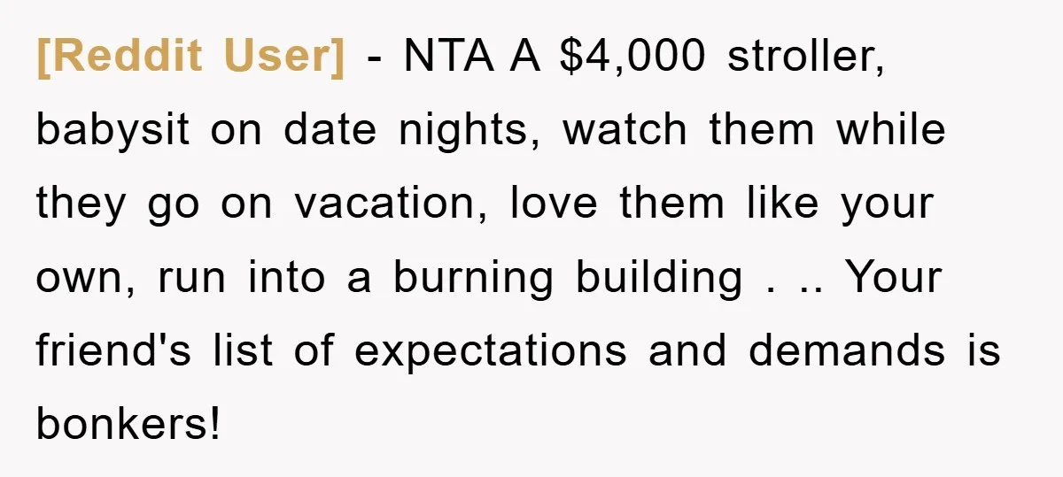 [Reddit User] − NTA A $4,000 stroller, babysit on date nights, watch them while they go on vacation, love them like your own, run into a burning building . .....