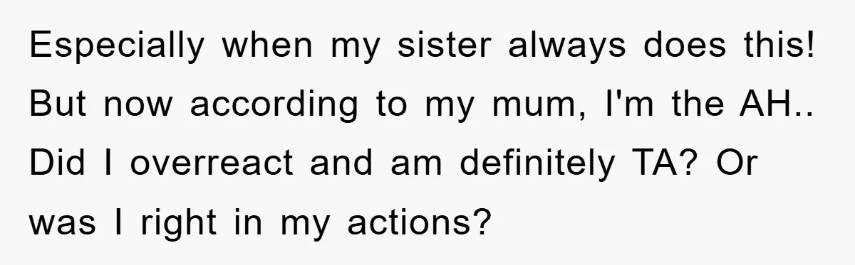Especially when my sister always does this! But now according to my mum, I'm the AH.. Did I overreact and am definitely TA? Or was I right in my actions?