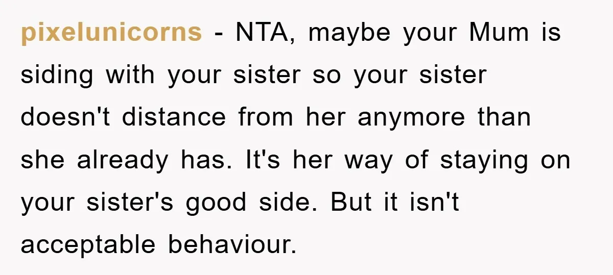 pixelunicorns − NTA, maybe your Mum is siding with your sister so your sister doesn't distance from her anymore than she already has. It's her way of staying on your...
