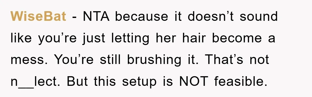 WiseBat − NTA because it doesn’t sound like you’re just letting her hair become a mess. You’re still brushing it. That’s not n__lect. But this setup is NOT feasible.