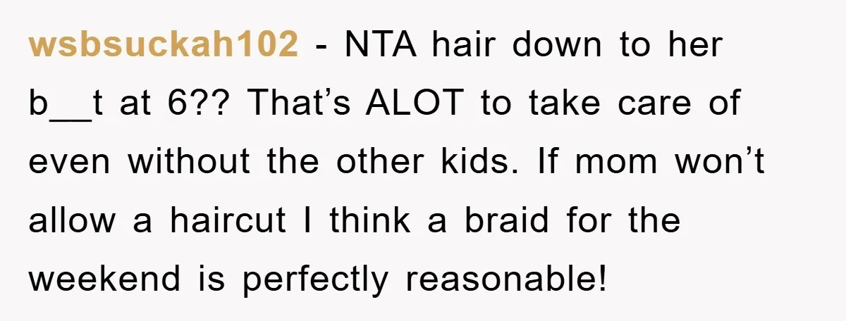 wsbsuckah102 − NTA hair down to her b__t at 6?? That’s ALOT to take care of even without the other kids. If mom won’t allow a haircut I think a...