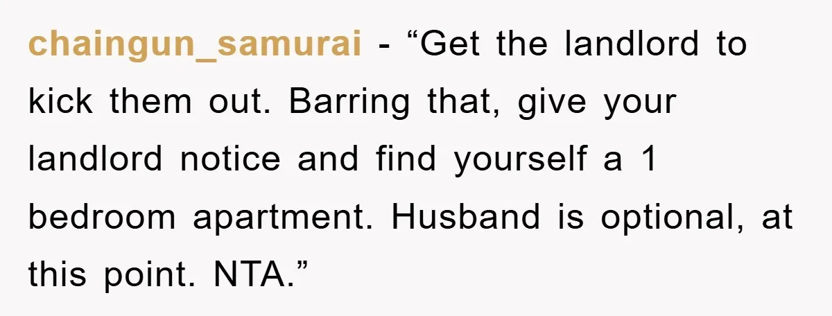 chaingun_samurai - “Get the landlord to kick them out. Barring that, give your landlord notice and find yourself a 1 bedroom apartment. Husband is optional, at this point. NTA.”
