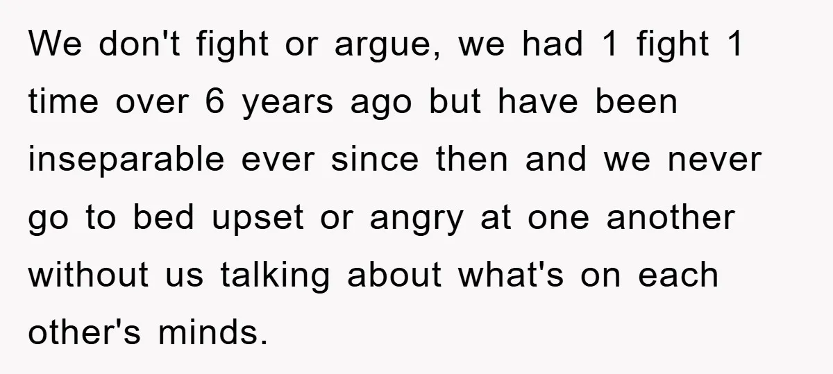 We don't fight or argue, we had 1 fight 1 time over 6 years ago but have been inseparable ever since then and we never go to bed upset or...