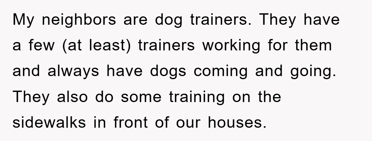 My neighbors are dog trainers. They have a few (at least) trainers working for them and always have dogs coming and going. They also do some training on the sidewalks...