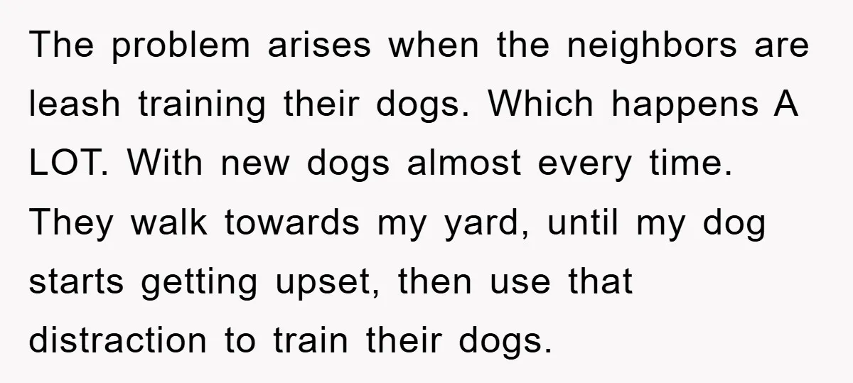 The problem arises when the neighbors are leash training their dogs. Which happens A LOT. With new dogs almost every time. They walk towards my yard, until my dog starts...