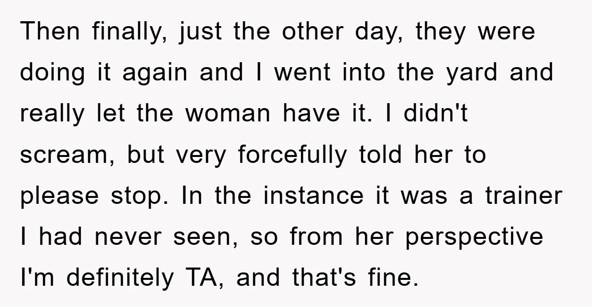Then finally, just the other day, they were doing it again and I went into the yard and really let the woman have it. I didn't scream, but very forcefully...