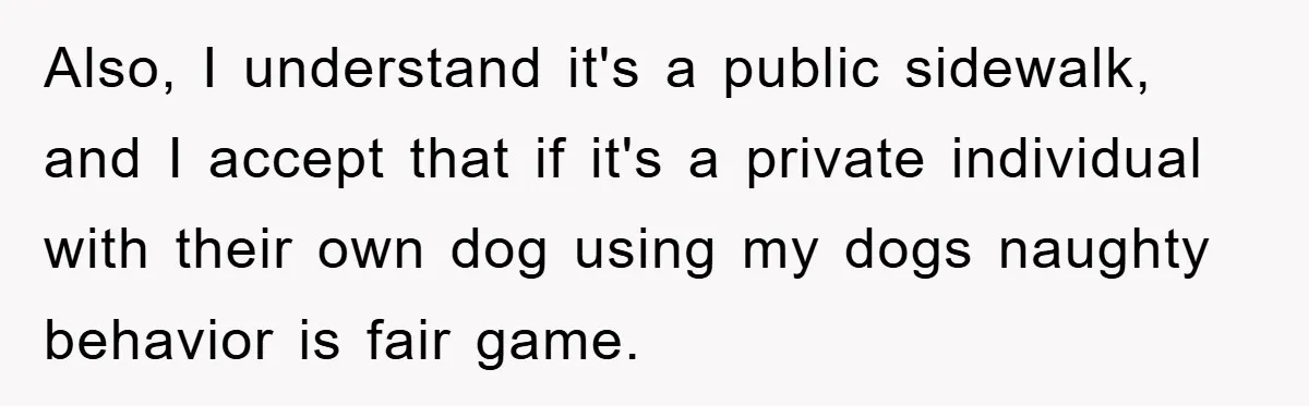 Also, I understand it's a public sidewalk, and I accept that if it's a private individual with their own dog using my dogs naughty behavior is fair game.