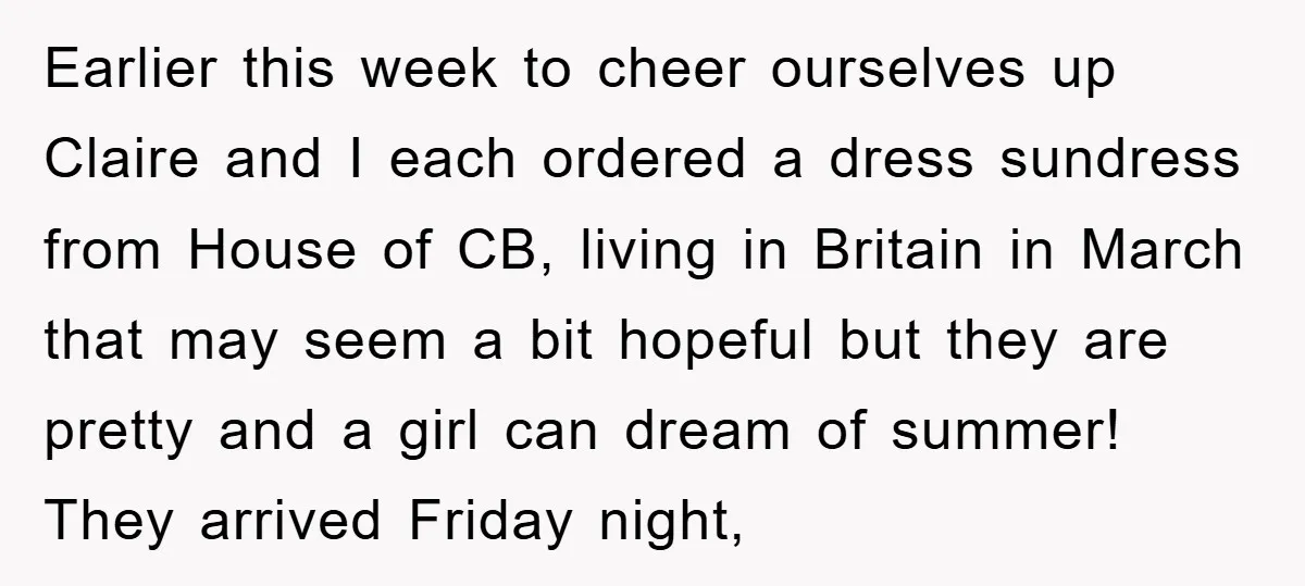Earlier this week to cheer ourselves up Claire and I each ordered a dress sundress from House of CB, living in Britain in March that may seem a bit hopeful...