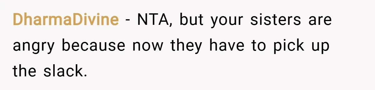 DharmaDivine − NTA, but your sisters are angry because now they have to pick up the slack.