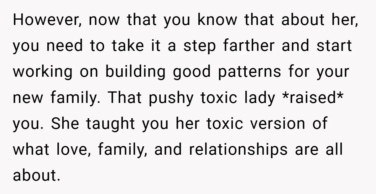 However, now that you know that about her, you need to take it a step farther and start working on building good patterns for your new family. That pushy toxic...