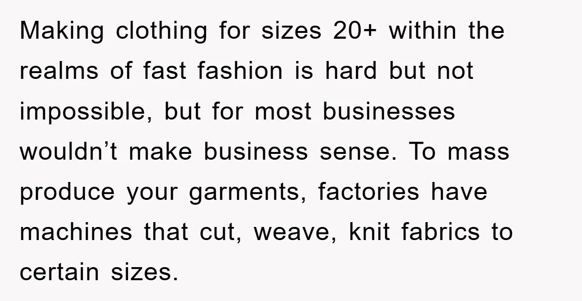 Making clothing for sizes 20+ within the realms of fast fashion is hard but not impossible, but for most businesses wouldn’t make business sense. To mass produce your garments, factories...