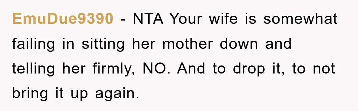 EmuDue9390 − NTA Your wife is somewhat failing in sitting her mother down and telling her firmly, NO. And to drop it, to not bring it up again.