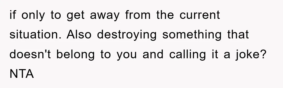 if only to get away from the current situation. Also destroying something that doesn't belong to you and calling it a joke? NTA