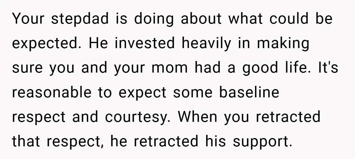 Your stepdad is doing about what could be expected. He invested heavily in making sure you and your mom had a good life. It's reasonable to expect some baseline respect...