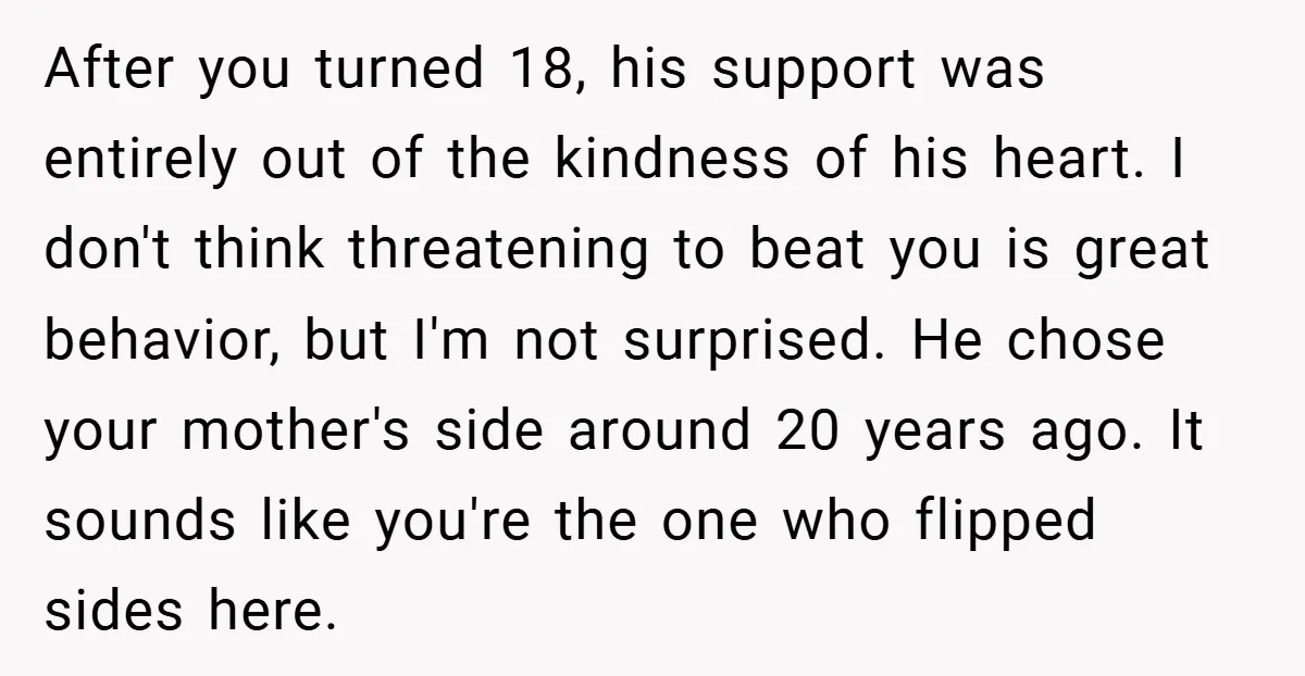 After you turned 18, his support was entirely out of the kindness of his heart. I don't think threatening to beat you is great behavior, but I'm not surprised. He...