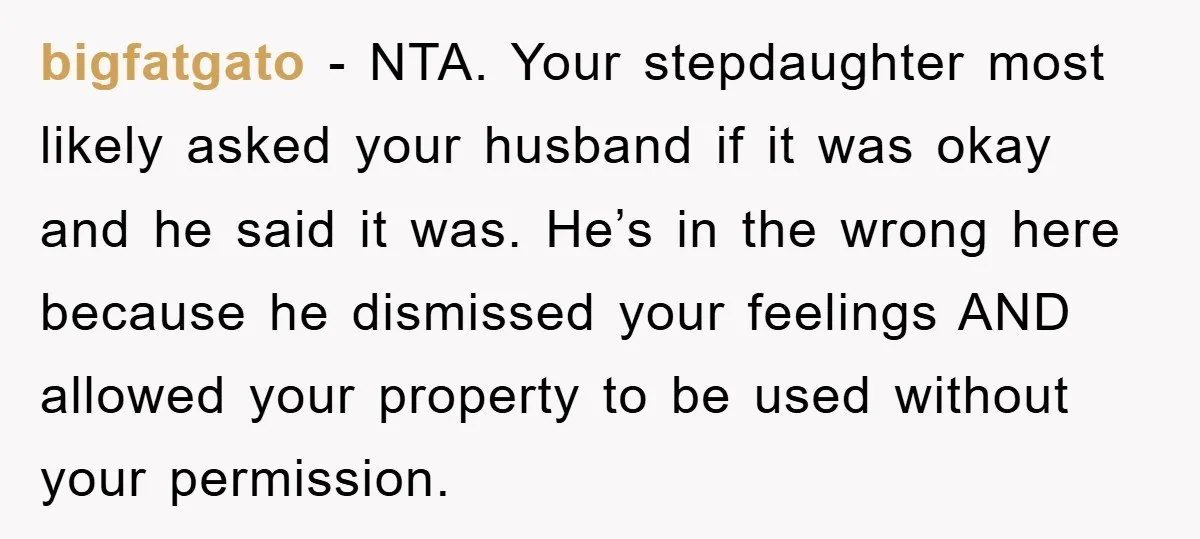 bigfatgato − NTA. Your stepdaughter most likely asked your husband if it was okay and he said it was. He’s in the wrong here because he dismissed your feelings AND...