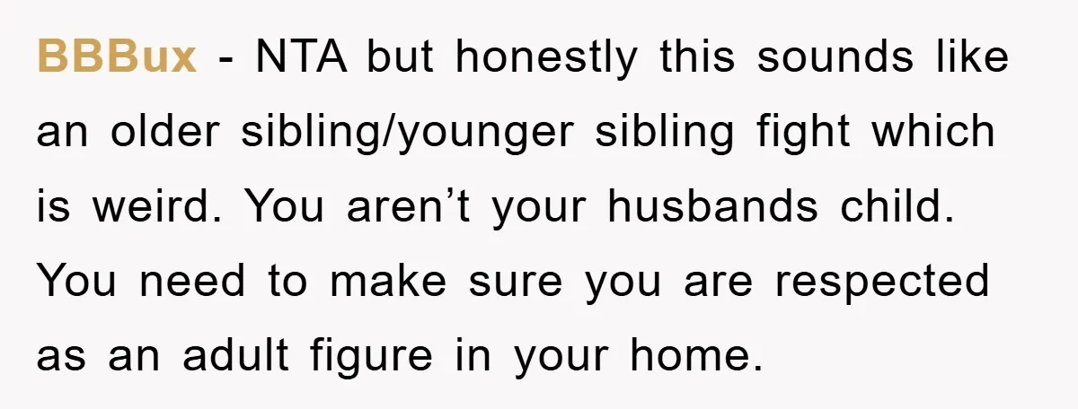 BBBux − NTA but honestly this sounds like an older sibling/younger sibling fight which is weird. You aren’t your husbands child. You need to make sure you are respected as...