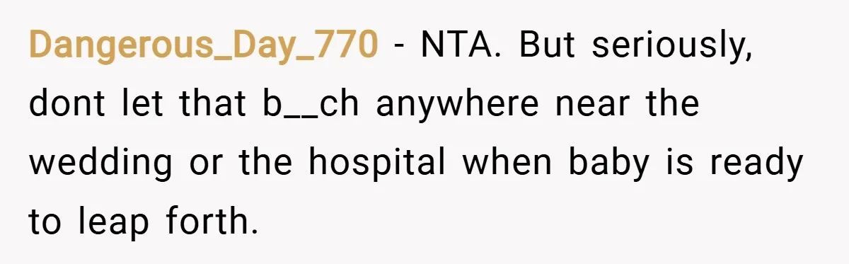 Dangerous_Day_770 − NTA. But seriously, dont let that b__ch anywhere near the wedding or the hospital when baby is ready to leap forth.