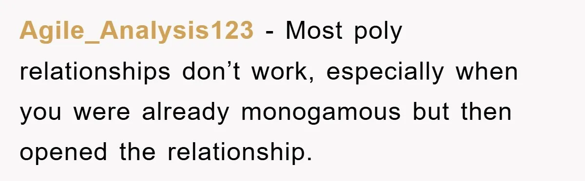 Agile_Analysis123 − Most poly relationships don’t work, especially when you were already monogamous but then opened the relationship.