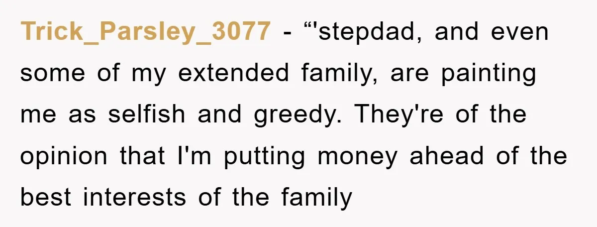 Trick_Parsley_3077 − “'stepdad, and even some of my extended family, are painting me as selfish and greedy. They're of the opinion that I'm putting money ahead of the best interests...