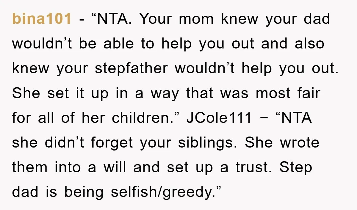 bina101 − “NTA. Your mom knew your dad wouldn’t be able to help you out and also knew your stepfather wouldn’t help you out. She set it up in a...