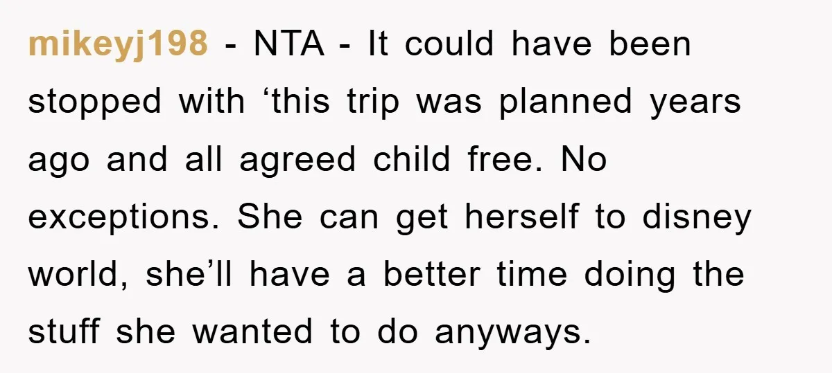 mikeyj198 − NTA - It could have been stopped with ‘this trip was planned years ago and all agreed child free. No exceptions. She can get herself to disney world,...
