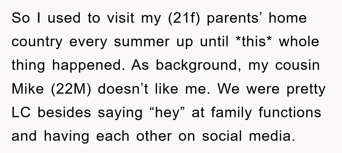 So I used to visit my (21f) parents’ home country every summer up until *this* whole thing happened. As background, my cousin Mike (22M) doesn’t like me. We were pretty...