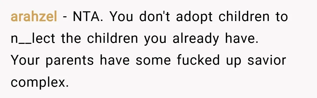 arahzel − NTA. You don't adopt children to n__lect the children you already have.   Your parents have some fucked up savior complex.