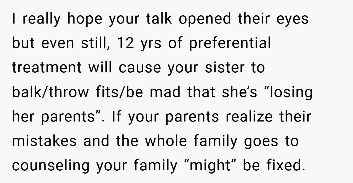 I really hope your talk opened their eyes but even still, 12 yrs of preferential treatment will cause your sister to balk/throw fits/be mad that she’s “losing her parents”. If...