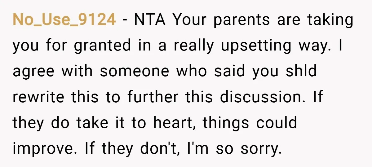 No_Use_9124 − NTA Your parents are taking you for granted in a really upsetting way. I agree with someone who said you shld rewrite this to further this discussion. If...